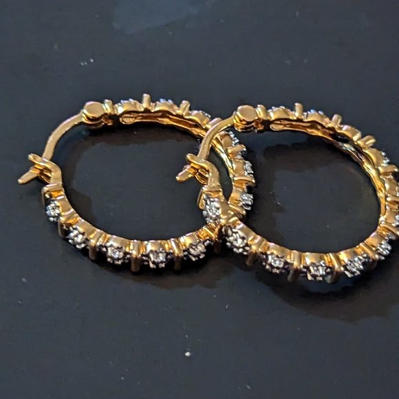 Genuine diamond accents in 18k yellow gold over sterling silver hoops - Picture 3 of 9